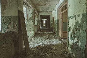 Belarus. Abandoned School In Chernobyl Zone. Chornobyl Catastrophe Disasters. Dilapidated House In...
