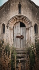 Fototapeta premium Old Church Entrance with Weathered Door and Overgrown Grass