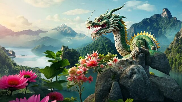 Majestic green dragon perched on a rocky ledge with pink flowers, overlooking a misty mountain landscape. Fantasy nature concept.
