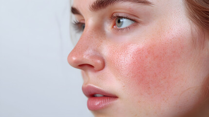 Close up face of young woman suffering from problem skin. Acne, rosacea, dry skin. Dermatology concept