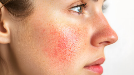 Fototapeta premium Close up face of young woman suffering from problem skin. Acne, rosacea, dry skin. Dermatology concept