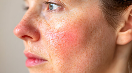 Close up face of young woman suffering from problem skin. Acne, rosacea, dry skin. Dermatology concept