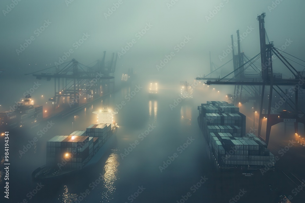 Wall mural Foggy night with a ship in the water