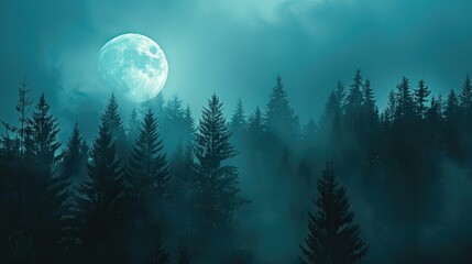A full moon illuminating a dense pine forest at night. 