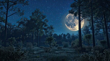 A serene forest clearing under a bright full moon with silhouetted trees. 