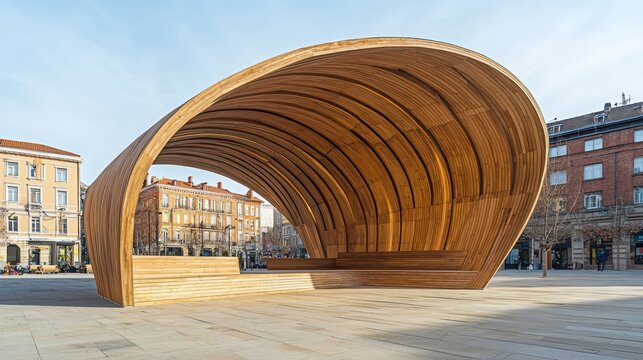 A wooden acoustic shell in a city square, designed for outdoor performances and gatherings, blending aesthetics with function
