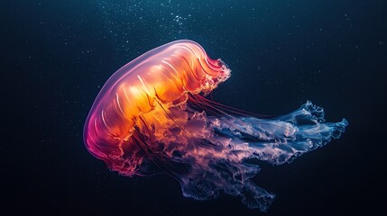 Fototapeta premium A vibrant jellyfish gracefully swims through deep ocean waters, showcasing its beauty.
