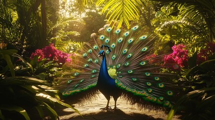 Obraz premium A vibrant peacock displaying its feathers amidst lush greenery and flowers.