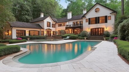 Luxurious Estate Home with Illuminated Pool at Twilight