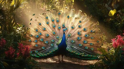 Obraz premium A vibrant peacock displays its colorful feathers in a lush, natural setting.