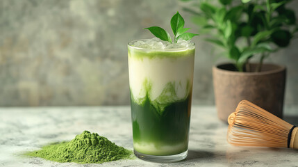 Fototapeta premium A tall glass of cold iced matcha latte with layers and ice, surrounded by matcha powder