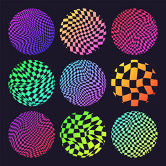 Groovy checkered pattern, neon round tiled grid. Vintage wavy curved backdrop, distortion effect. Funky geometric chessboard texture, retro background in 90s style, y2k. Vector illustration