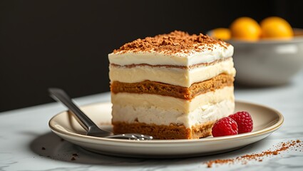 A piece of Traditional Italian dessert Tiramisu with berries