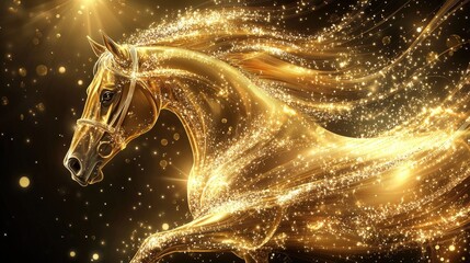 Elegant golden horse in vector art, with detailed mane and graceful pose, set against a backdrop of sparkling jewelry rays for a refined look