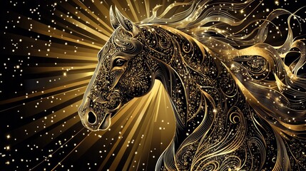 Elegant golden horse vector art with intricate details, set against a glittering diamond rays background, creating a luxurious and refined look