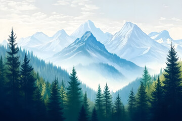 Fototapeta premium Hand drawn mountains and forests. Modern illustration design.