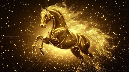 Elegant golden horse vector illustration, rearing up with flowing mane, set against a luxurious background of radiant diamond rays