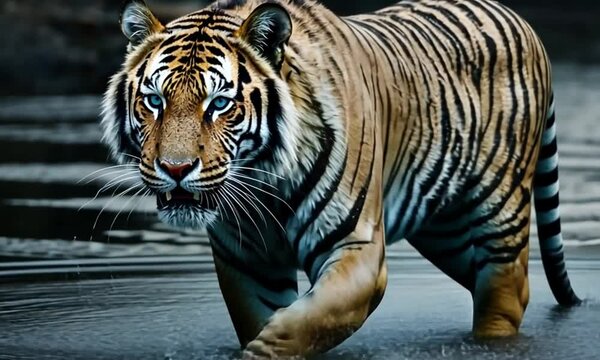 A fierce and dashing tiger walking in a shallow river.