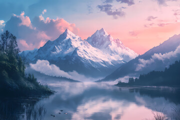 Serene Mountain Landscape at Dawn with Reflective Lake and Snow Capped Peaks