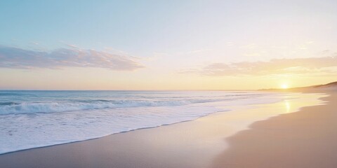 Fototapeta premium Serene Beach at Sunset: Gentle Waves Lapping at the Shore Under a Colorful Sky, Creating a Tranquil Seascape Perfect for Relaxation and Reflection