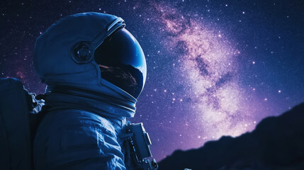 Astronaut in helmet floating in space, side view, open space, milky way, stars and planets background. Generative AI