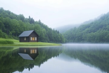 Fototapeta premium Serene Lake Cabin Retreat: A Tranquil Wooden Cabin Nestled in the Heart of a Calm Lake Surrounded by Lush Greenery and Reflective Waters