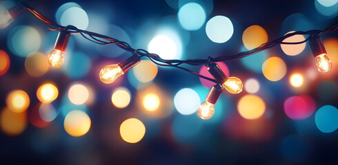 Festive background of colorful bokeh and retro string lights