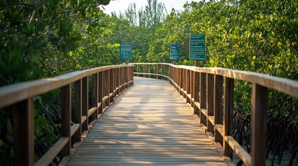 Fototapeta premium A wooden boardwalk leading through a mangrove forest, designed with minimal environmental impact and educational signage about the ecosystem