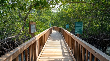 A wooden boardwalk leading through a mangrove forest, designed with minimal environmental impact and educational signage about the ecosystem