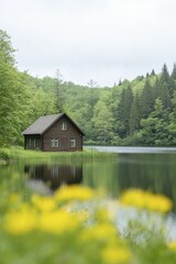 Fototapeta premium Serene Small Cabin Nestled by Tranquil Lake Surrounded by Lush Greenery, Evoking Peaceful Retreat in Natures Embrace