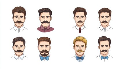 Fototapeta premium Iconic moustache styles drawn as cartoon characters, each with a different expression and personality, fun and imaginative 