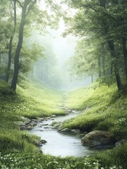 Obraz premium Tranquil Forest Stream Flowing Through Lush Green Woods Surrounded by Vibrant Foliage and Natural Serenity