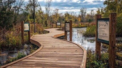 A wooden boardwalk winding through a wetland preserve, with educational signage and lookout points