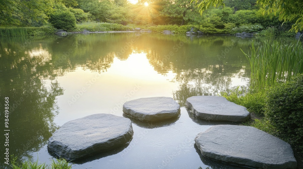 Canvas Prints Tranquil Pond with Stepping Stones Surrounded by Lush Greenery, Inviting Serenity and Reflection in a Natural Outdoor Setting