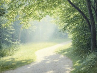 Fototapeta premium Tranquil Pathway Through Lush Green Forest Surrounded by Tall Trees and Sunlight Filtering Through Leaves, Inviting Exploration and Serenity