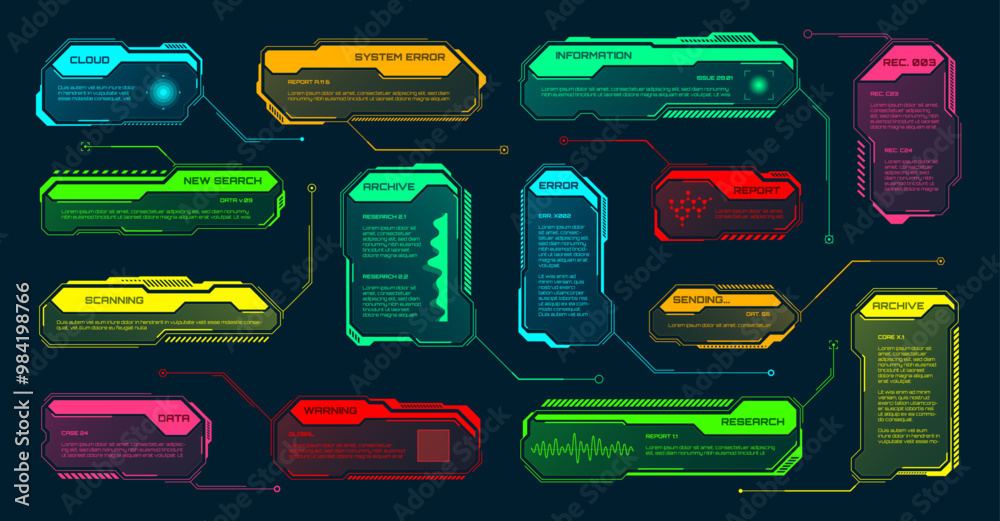 Poster Futuristic HUD or UI elements. Sci-fi user interface text boxes, callouts. Colorful warning message frame, information boxes template. Modern game interface layout, digital style. Vector illustration