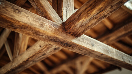 Close-up of wooden beams in a roof structure.