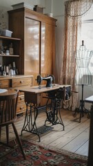 Vintage Sewing Room with Antique Machine and Mannequin