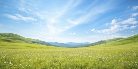 Obraz premium Vibrant Field of Wildflowers Under Clear Blue Sky, Showcasing Natures Beauty with a Colorful Display of Petals in Varying Shades and Textures, Perfect for Scenic Landscapes