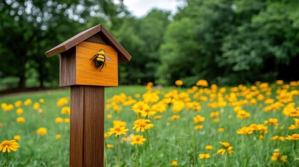 Blossoming Conservation: Vibrant Wildflower Meadow with Bees and Sustainable Pollinator Protection Sign