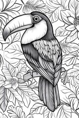Obraz premium A black-and-white illustration of a toucan perched among tropical leaves and flowers