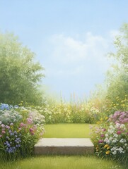 Fototapeta premium Vibrant Garden Scene Featuring Colorful Flowers and Lush Green Trees, Capturing the Beauty of Nature in a Serene Outdoor Setting