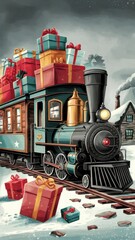 Festive Train Loaded with Gifts in a Snowy Scene