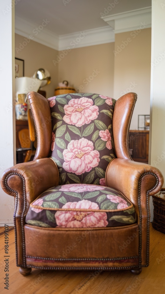 Wall mural Vintage Floral Wingback Chair in Cozy Room Setting