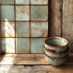 Fototapeta premium Rustic bowls stacked against a textured wall of weathered tiles, creating a warm and inviting kitchen atmosphere.
