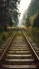 Obraz premium Overgrown Railway Tracks in Lush Forest Setting