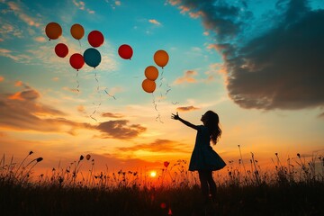 Back silhouette view of an happy young girl releasing balloons in the sky at sunset