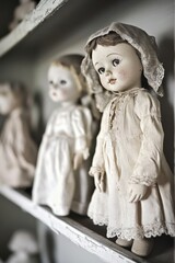 Fototapeta premium Antique Dolls on Shelf with Vintage Clothing