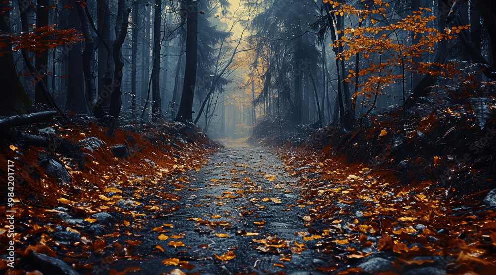 Poster a magical forest pathway lined with a mixture of autumn-colored and green trees. the ground is strew