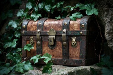 A locked treasure chest with vines growing around it, showing guarded emotions or thoughts. 